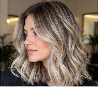 Rooted ash blonde on an adult woman — original AI-generated hair color inspiration