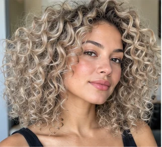 Ash blonde curls on an adult woman — original AI-generated hair color inspiration