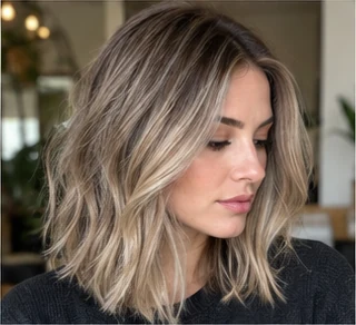 Dark ash blonde lob on an adult woman — original AI-generated hair color inspiration