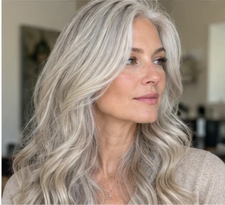 Silver ash blonde on an adult woman — original AI-generated hair color inspiration