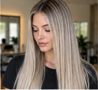 Ash blonde straight lengths on an adult woman — original AI-generated hair color inspiration