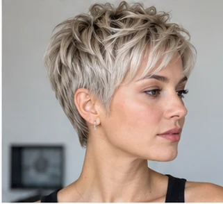 Ash blonde pixie on an adult woman — original AI-generated hair color inspiration