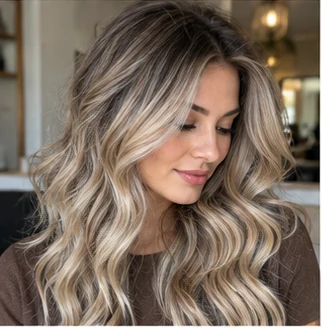 Beige ash balayage on an adult woman — original AI-generated hair color inspiration