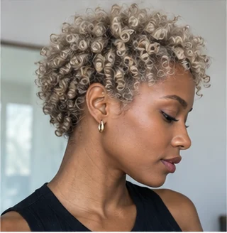 Ash blonde coily crop on an adult woman — original AI-generated hair color inspiration