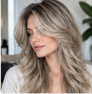 Ash blonde curtain layers on an adult woman — original AI-generated hair color inspiration