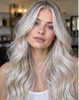 Pearl ash blonde on an adult woman — original AI-generated hair color inspiration