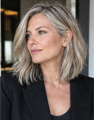 Mature ash blonde lob on an adult woman — original AI-generated hair color inspiration