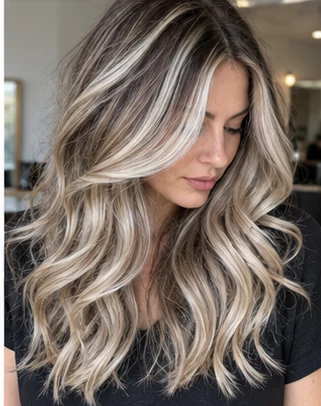 High contrast ash blonde ribbons on an adult woman — original AI-generated hair color inspiration