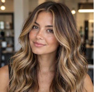 Classic warm bronde on an adult woman — original AI-generated hair color inspiration