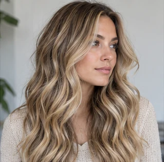 Beige bronde waves on an adult woman — original AI-generated hair color inspiration