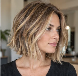 Bronde balayage bob on an adult woman — original AI-generated hair color inspiration
