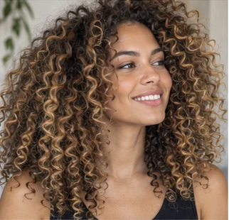 Bronde natural curls on an adult woman — original AI-generated hair color inspiration