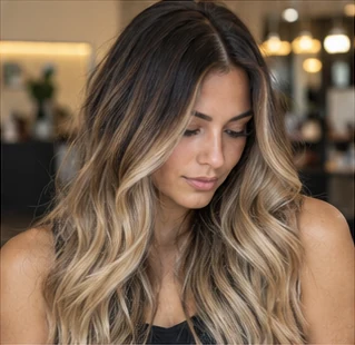 Dark rooted bronde on an adult woman — original AI-generated hair color inspiration