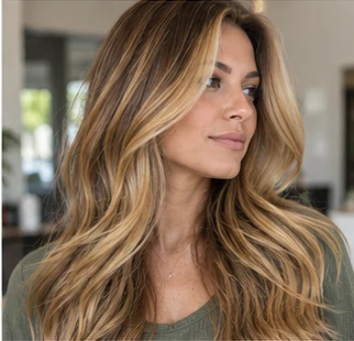 Honey bronde layers on an adult woman — original AI-generated hair color inspiration
