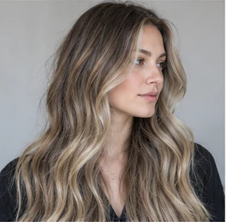 Ash bronde balayage on an adult woman — original AI-generated hair color inspiration
