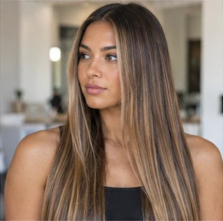 Bronde straight lengths on an adult woman — original AI-generated hair color inspiration