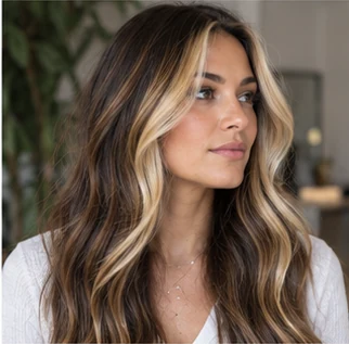 Bronde face frame on an adult woman — original AI-generated hair color inspiration
