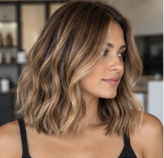 Caramel bronde lob on an adult woman — original AI-generated hair color inspiration