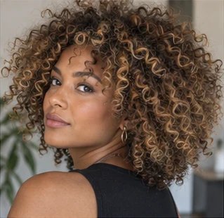 Bronde coily shape on an adult woman — original AI-generated hair color inspiration