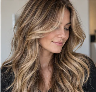 Bronde curtain layers on an adult woman — original AI-generated hair color inspiration