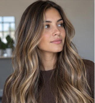 Soft contrast bronde on an adult woman — original AI-generated hair color inspiration