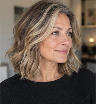 Mature bronde lob on an adult woman — original AI-generated hair color inspiration
