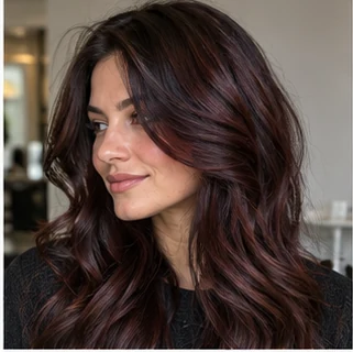 Subtle cherry brunette on an adult woman — original AI-generated hair color inspiration