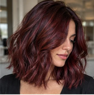 Vivid cherry cola lob on an adult woman — original AI-generated hair color inspiration
