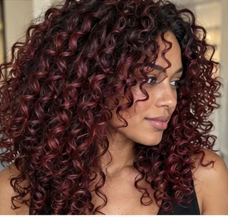 Cherry cola curls on an adult woman — original AI-generated hair color inspiration