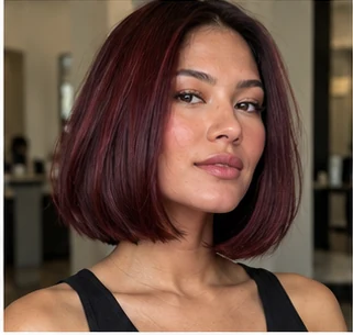 Cherry cola blunt bob on an adult woman — original AI-generated hair color inspiration