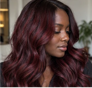 Burgundy cherry cola on an adult woman — original AI-generated hair color inspiration