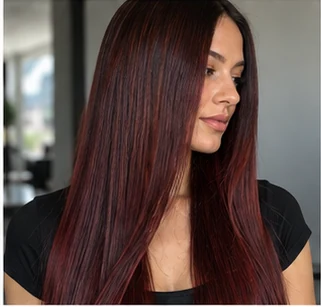 Cherry cola straight lengths on an adult woman — original AI-generated hair color inspiration