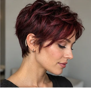 Cherry cola pixie on an adult woman — original AI-generated hair color inspiration
