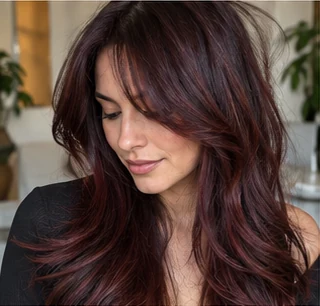 Cherry cola curtain fringe on an adult woman — original AI-generated hair color inspiration