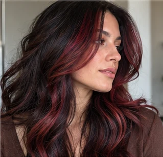 Cherry cola face frame on an adult woman — original AI-generated hair color inspiration