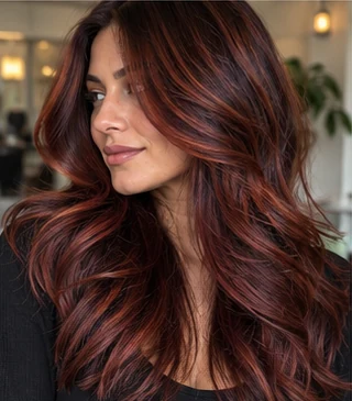 Mahogany cherry blend on an adult woman — original AI-generated hair color inspiration