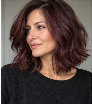 Mature cherry cola lob on an adult woman — original AI-generated hair color inspiration