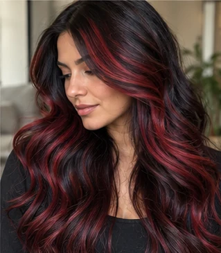 Cherry cola red ribbons on an adult woman — original AI-generated hair color inspiration