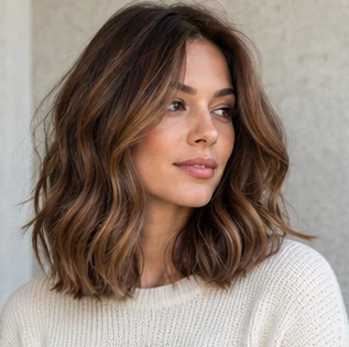 Milk chocolate lob on an adult woman — original AI-generated hair color inspiration