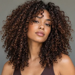 Chocolate brown curls on an adult woman — original AI-generated hair color inspiration