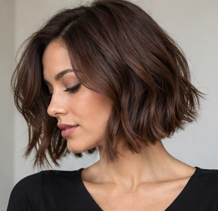 Soft chocolate bob on an adult woman — original AI-generated hair color inspiration