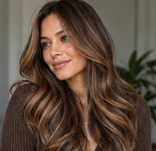Chocolate with caramel ribbons on an adult woman — original AI-generated hair color inspiration