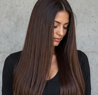 Cool chocolate lengths on an adult woman — original AI-generated hair color inspiration