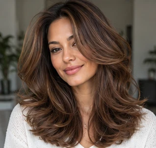 Warm layered chocolate on an adult woman — original AI-generated hair color inspiration