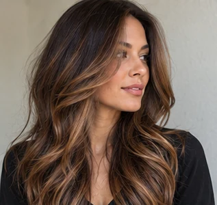 Chestnut face framing on an adult woman — original AI-generated hair color inspiration
