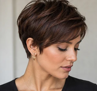 Chocolate pixie on an adult woman — original AI-generated hair color inspiration