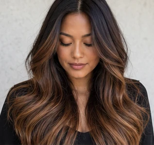 Espresso-root chocolate melt on an adult woman — original AI-generated hair color inspiration