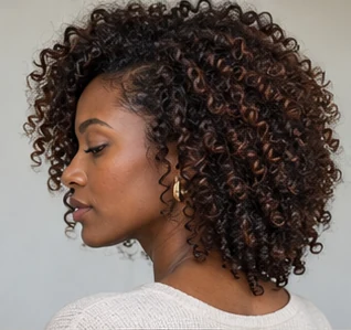 Chocolate coils on an adult woman — original AI-generated hair color inspiration