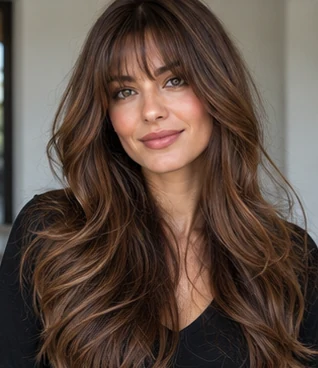 Chocolate layers with wispy bangs on an adult woman — original AI-generated hair color inspiration