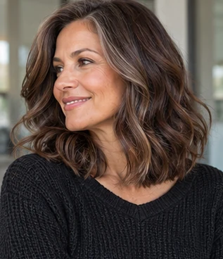 Mature chocolate lob on an adult woman — original AI-generated hair color inspiration